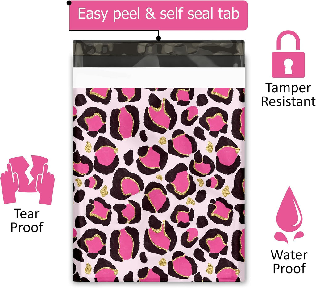 12x15 (50) Pink Leopard Print Designer Poly Mailers Waterproof Self Sealing Tear Resistant Polymailers Shipping