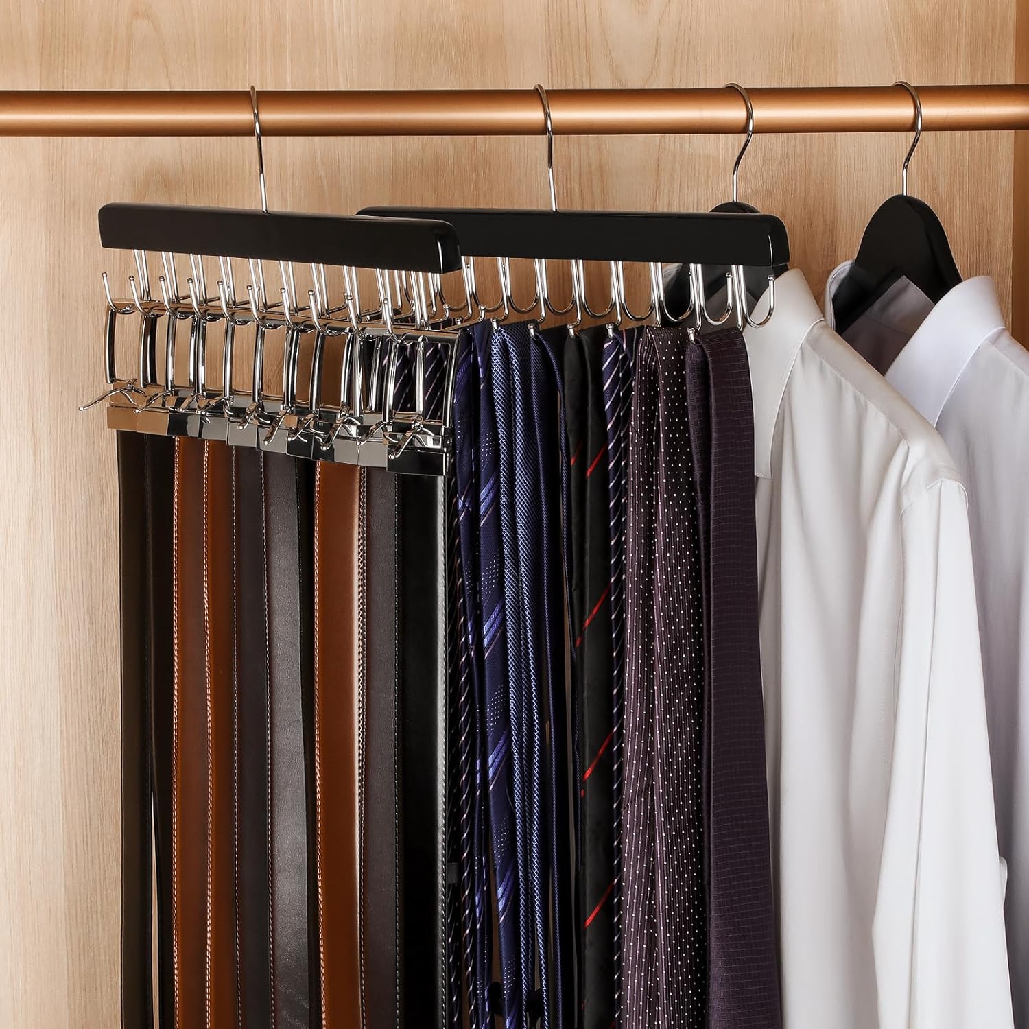 20 Hooks 2 in 1 Belt Tie Hanger for Closet Max 30 Belts with 30 Ties Capacity, Belt Tie Racks Wooden Hanger for