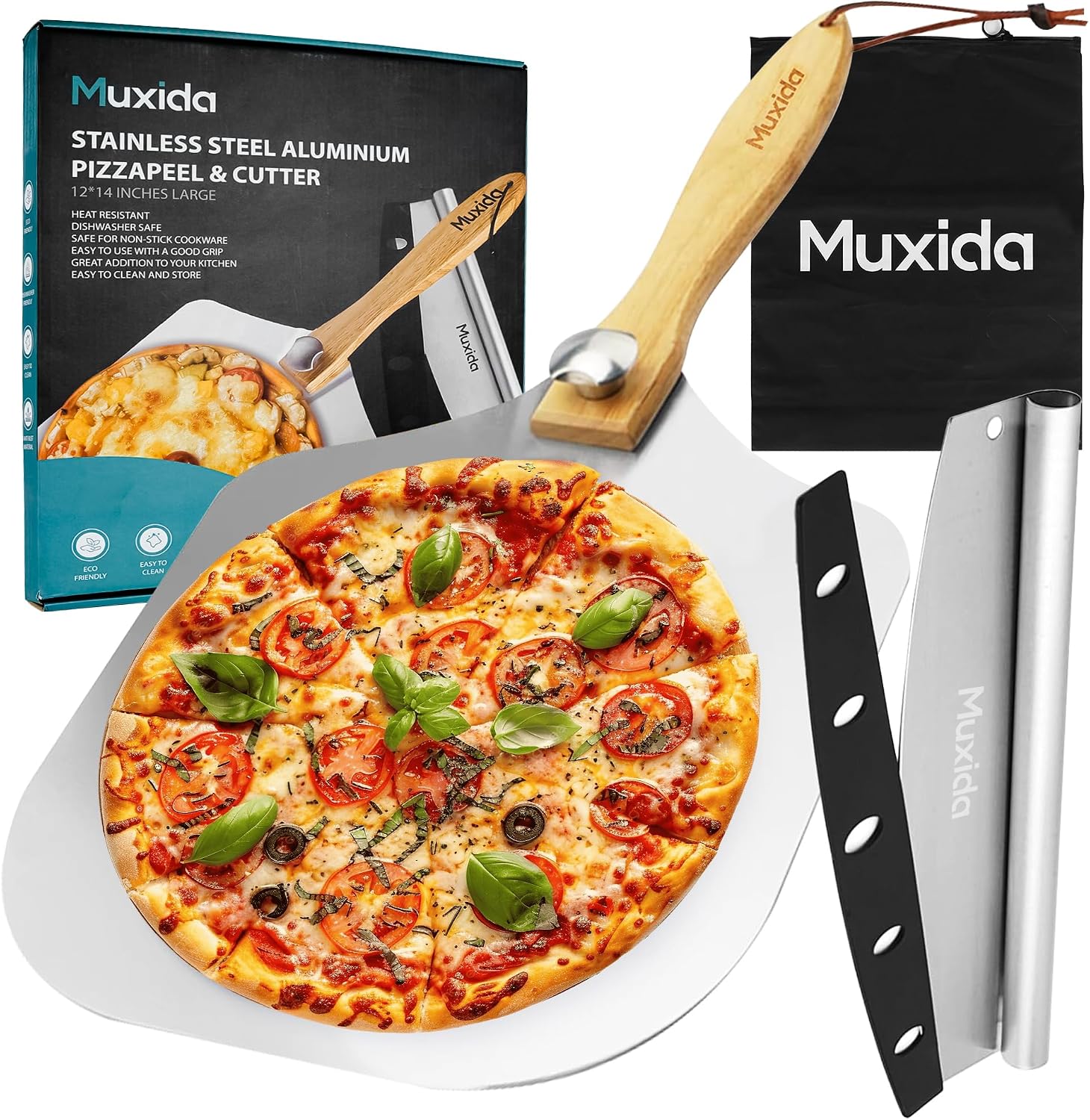 Aluminum Pizza Peel & Rocker Cutter Set (12" x 14") Premium Stainless Steel Pizza Paddle with Foldable Wooden Handle