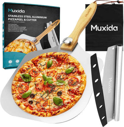 Aluminum Pizza Peel & Rocker Cutter Set (12" x 14") Premium Stainless Steel Pizza Paddle with Foldable Wooden Handle