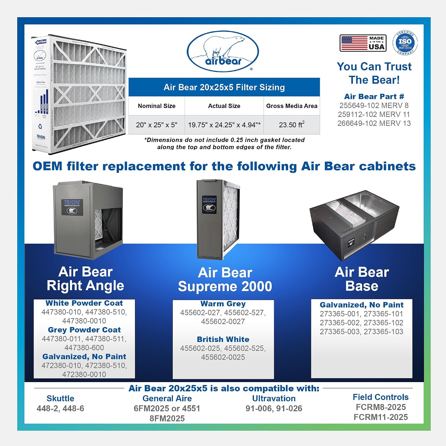 20x25x5 Air Bear Pleated HVAC Air Filter MERV 13 (4-Pack) (Actual Size: 19.75 x 24.25 x 4.9 Inches) compatible with