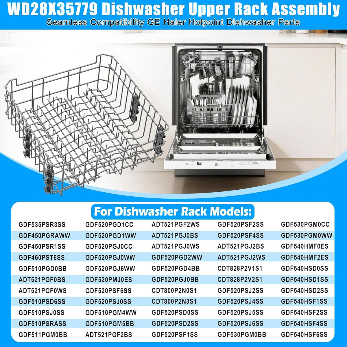 Updated WD28X35779 WD28X30219 Upper Rack for GEDishwasher Rack Replacement