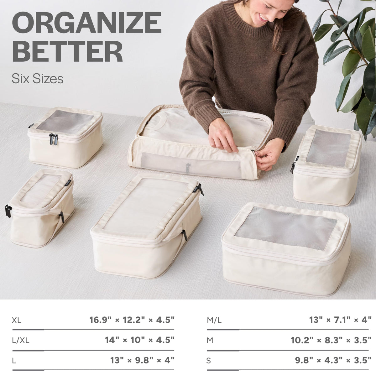 Compression Packing Cubes for Travel, 6-Pack, Beige
