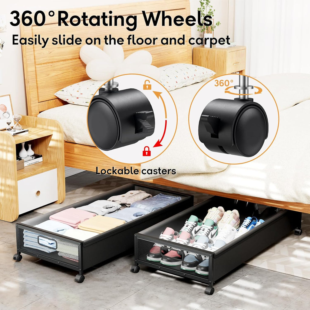 Under Bed Storage Containers with Wheels 2 Pack Underbed Shoe Storage Bedroom Storage Bins Organizer Large Capacity