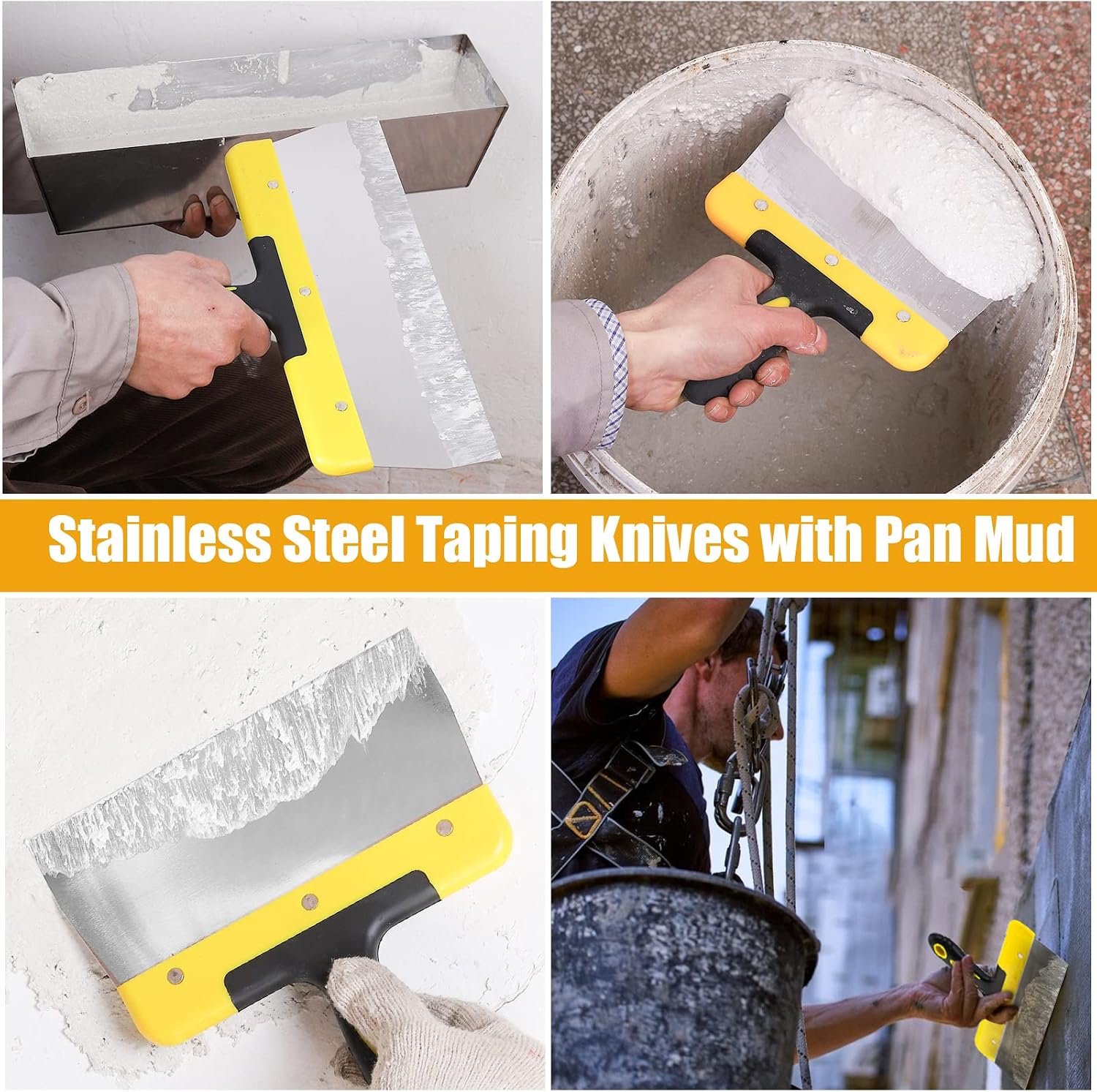 Drywall Knife Set, 8 Pieces Stainless Steel Drywall Hand Tool Kit Includes Taping Knives, Putty Knives, Finishing