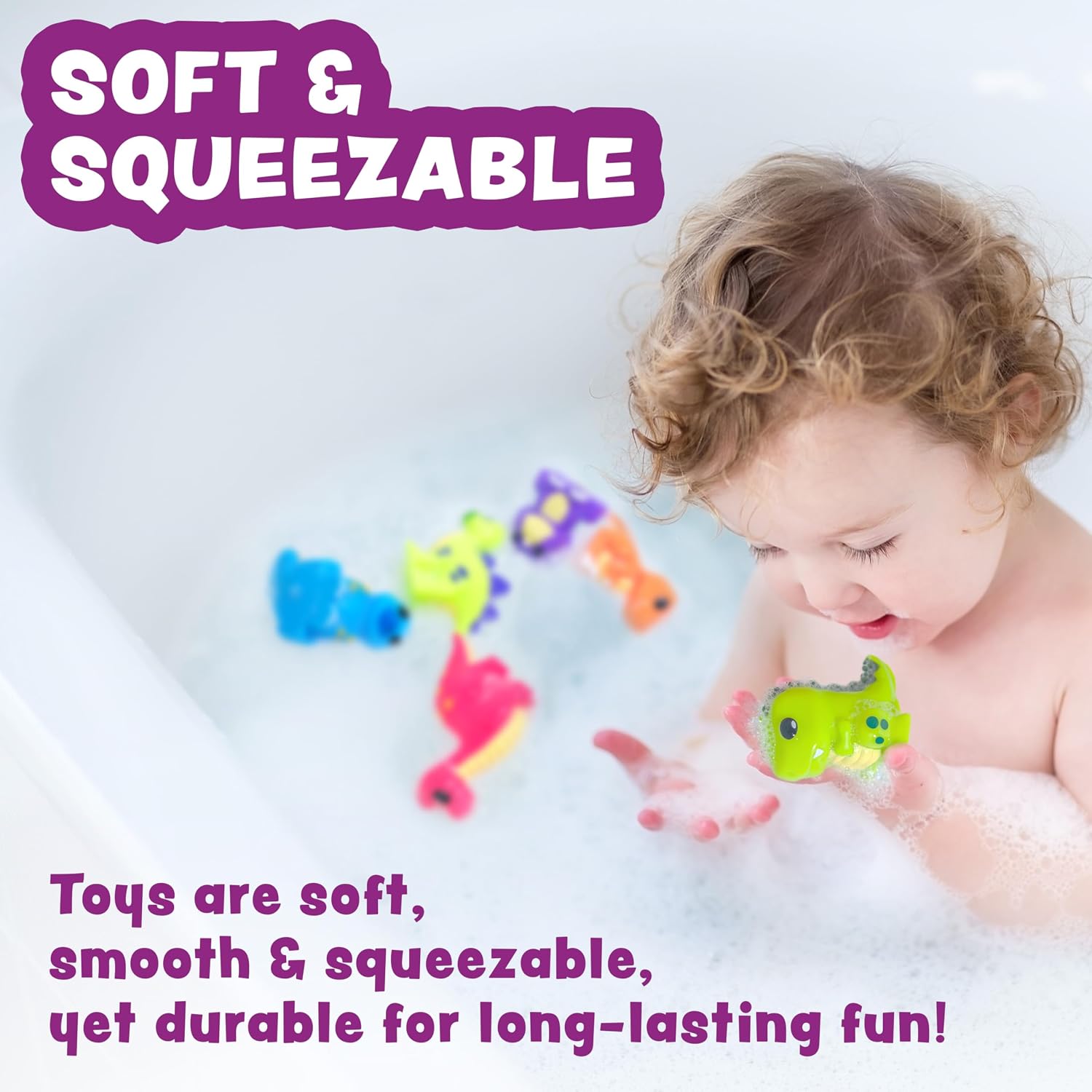 Dinosaur Mold Free Bath Toys, 6 Pack | Sealed, No Hole Bath Toys Design Keeps Moisture Out | Soft, Squeezable & Float