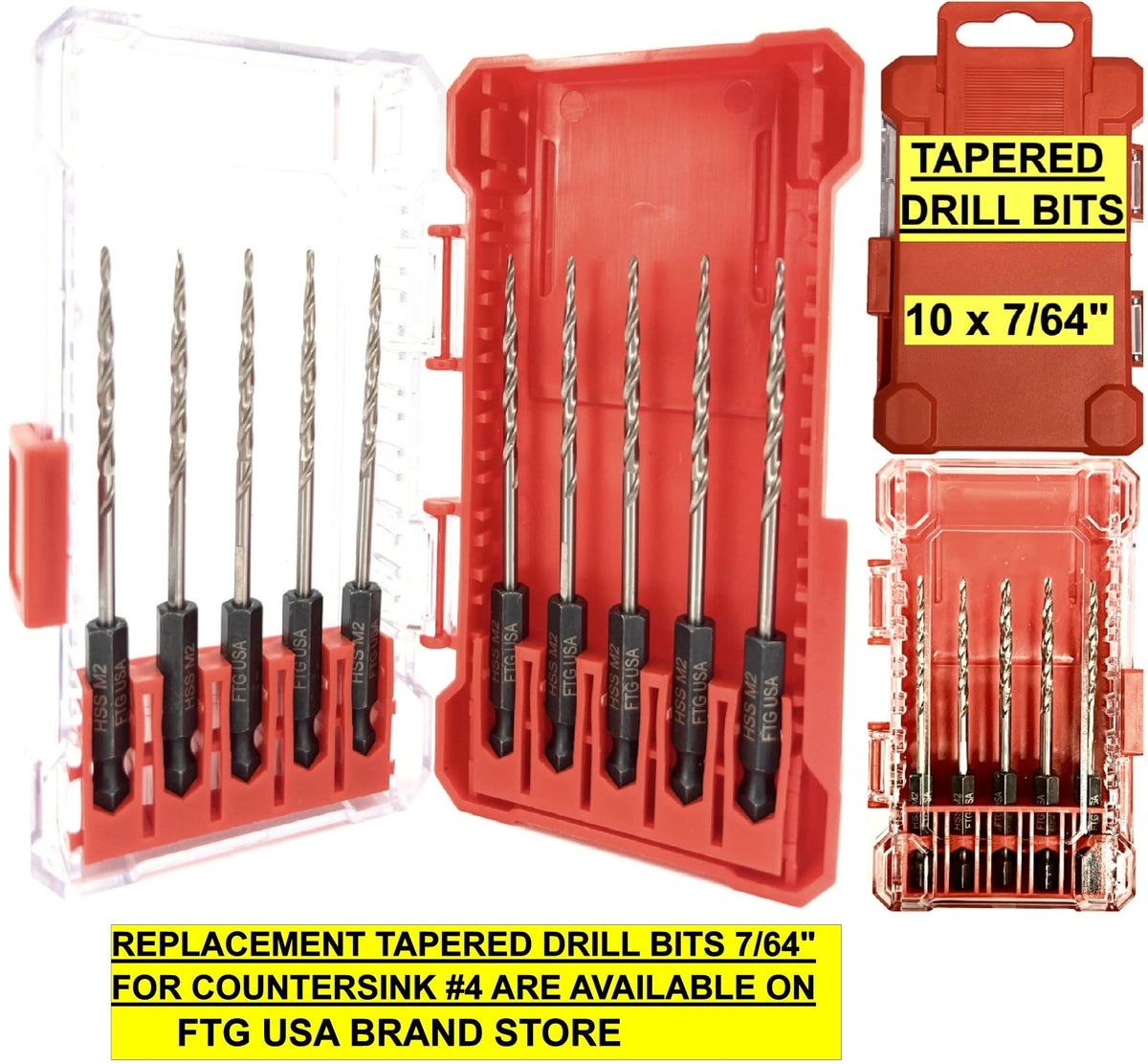 FTG USA 3 Pc #4 (7/64") Countersink Drill Bit Set with Tapered Drill Bits