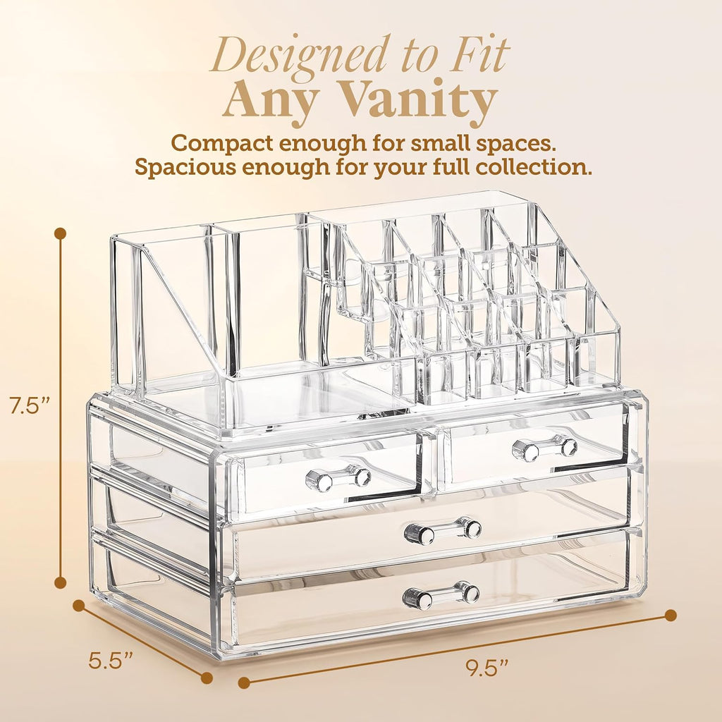 Clear Makeup Organizer with 4 Drawers 16 Compartments, Countertop