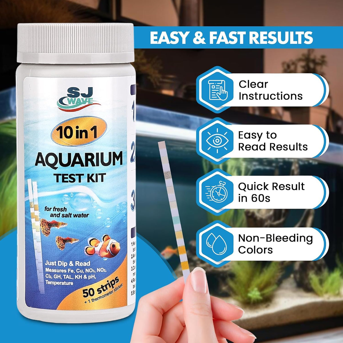 10 in 1 - Aquarium Test Strips | 100 Fast & Accurate Strips | Fish Tank Aquariums Water Test Kit & ebook | Aquarium