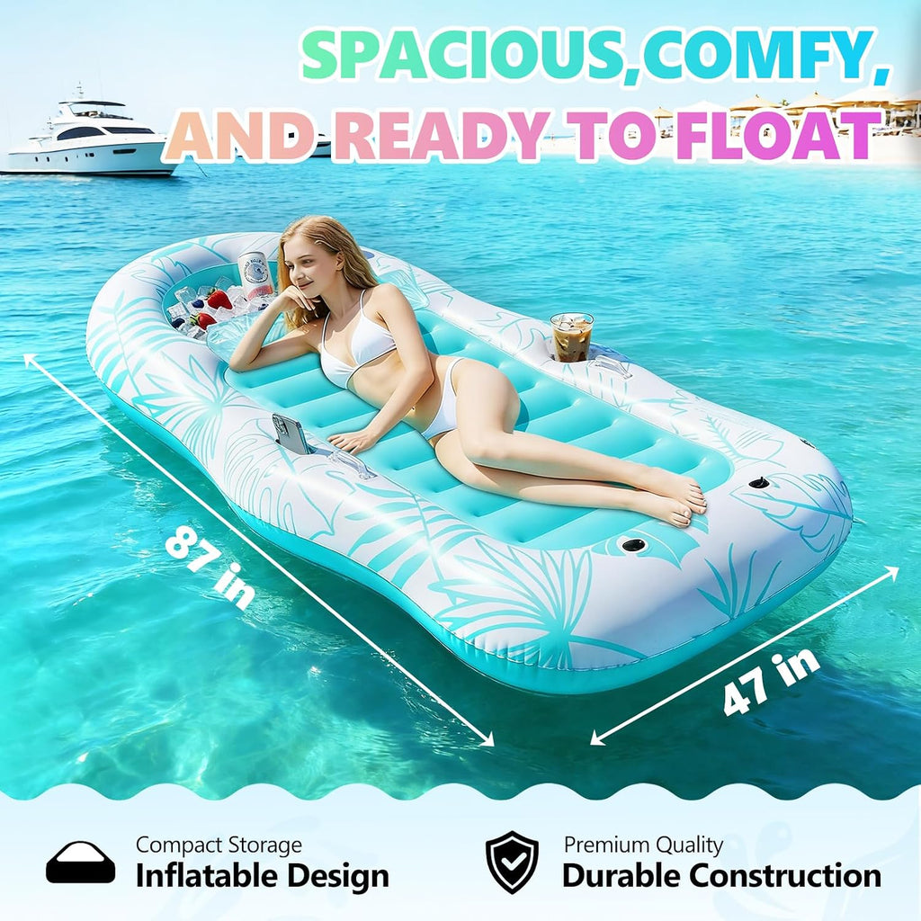 Inflatable Pool Floats Adult, 87"x 47" Large Pool Lounger Float with Storage Cooler for Pets, 2 in 1 Tanning Pool