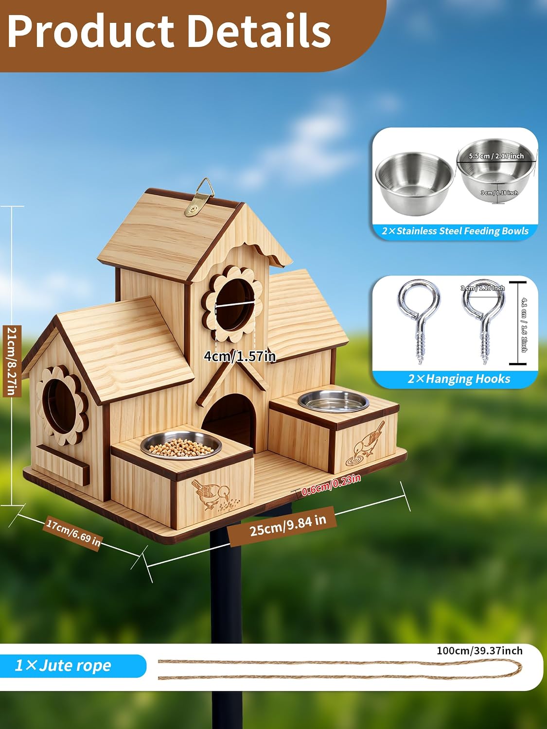 4-Hole Birdhouse for Outside with Feeding Tray, Cedar Wood