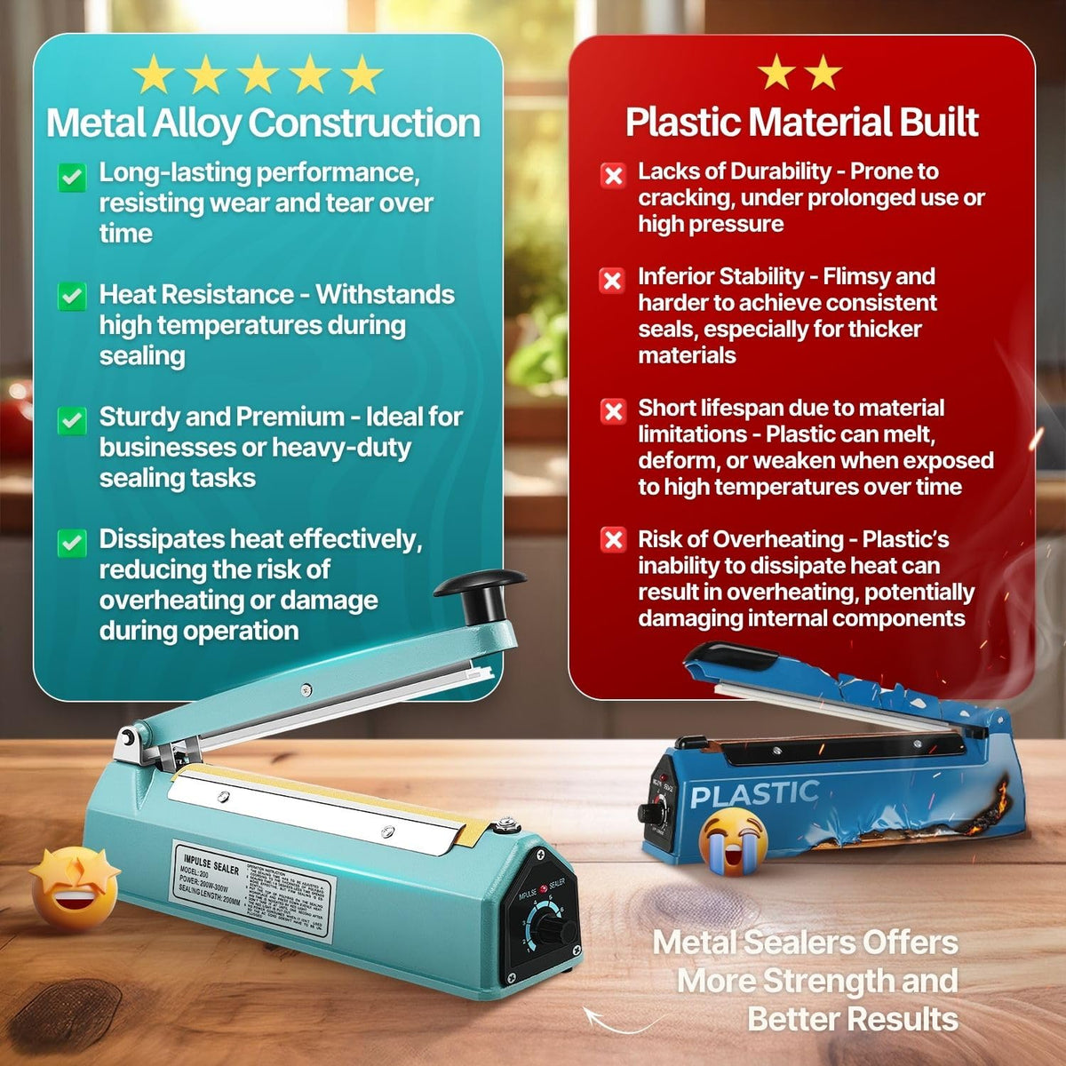 Impulse Sealer for Plastic Bags, 8 Inch, 300W, Adjustable Timer