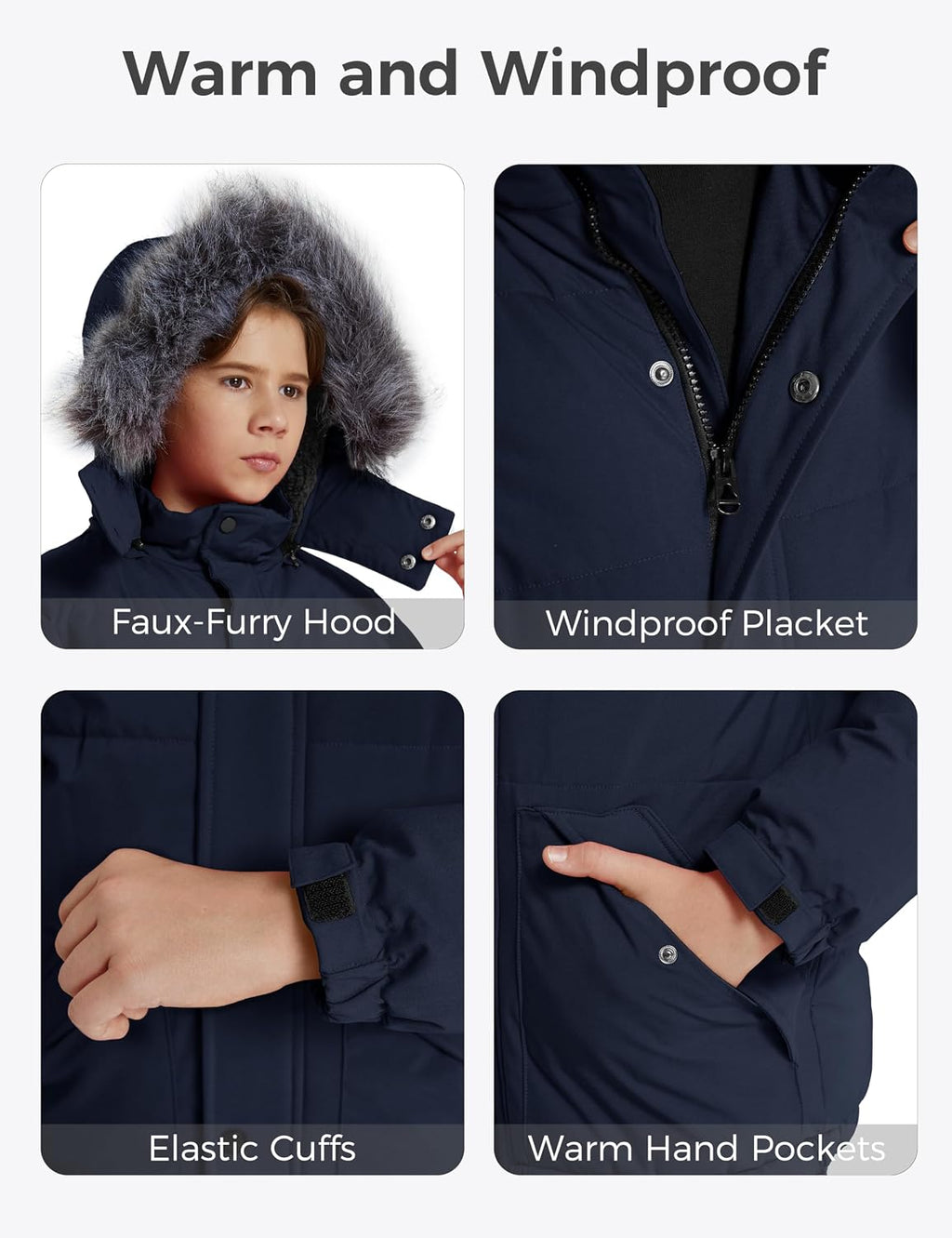 Boys' Winter Coat Waterproof Puffer Jacket with Detachable Hood | Removable Faux Fur Hood,5000mm Waterproof,Fleece