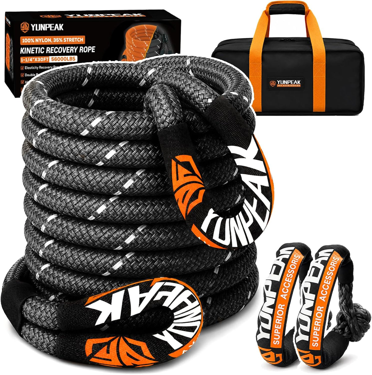 1.26" x30ft Kinetic Recovery Rope 56,000lbs, with 2 Soft Shackles