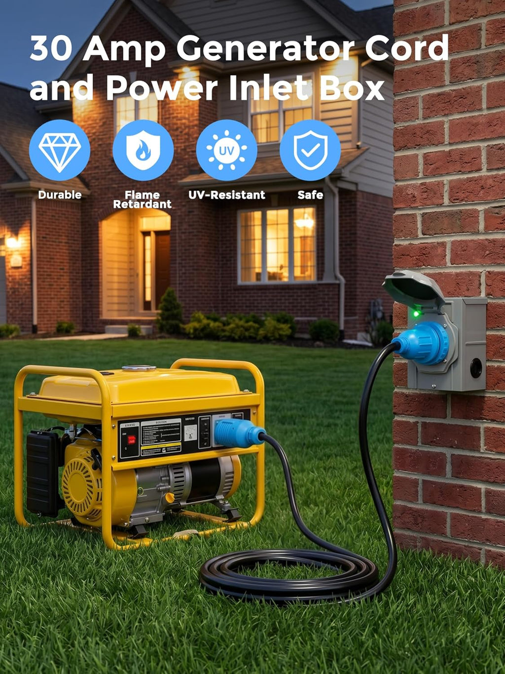4 Prong 15 Feet 30 Amp Generator Extension Cord and Inlet Box | with Locking Connector, Heavy Duty NEMA
