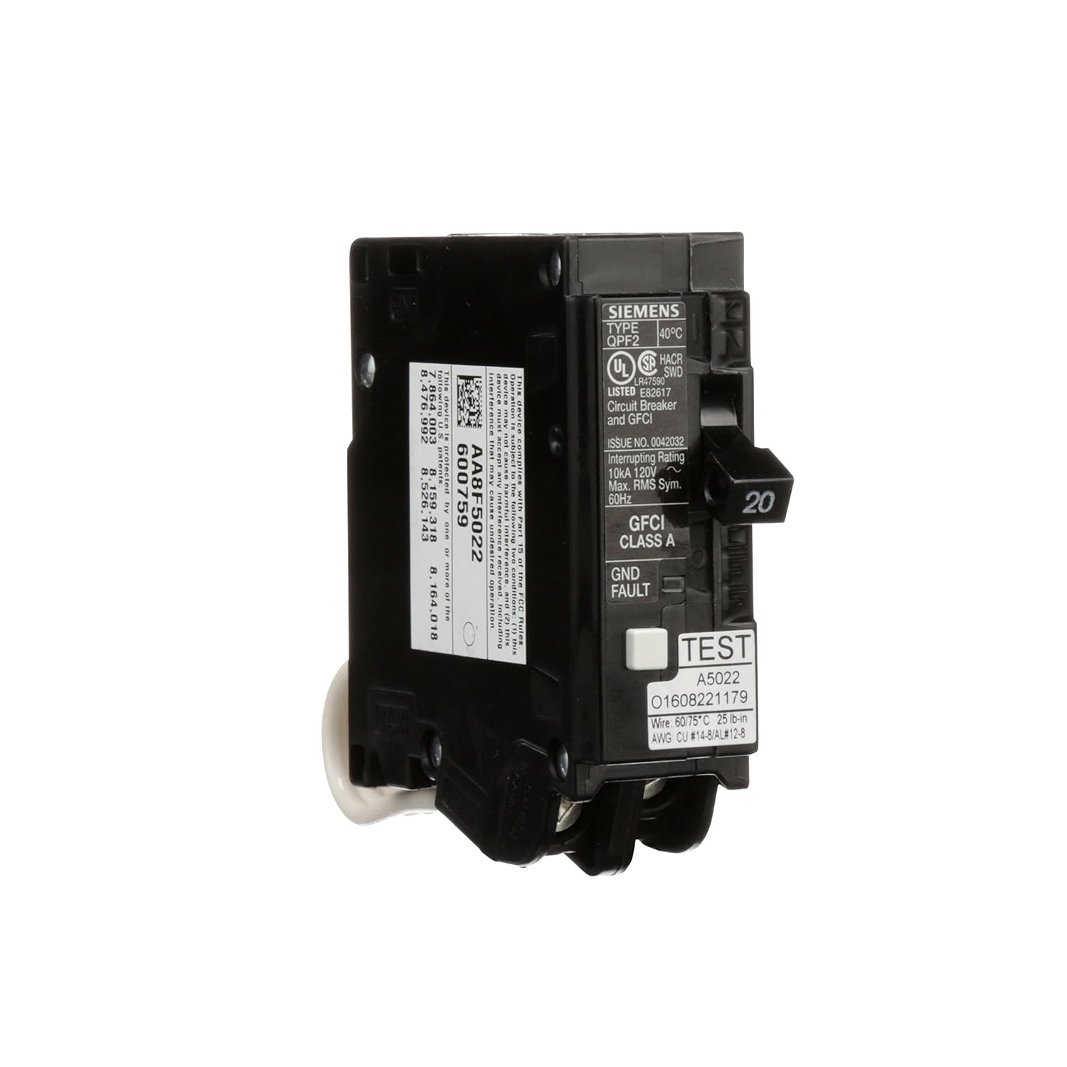 QF120A Gfci Circuit Breaker, Plug In, Self Testing, 20 Amp, 1-Pole, 120 Volt