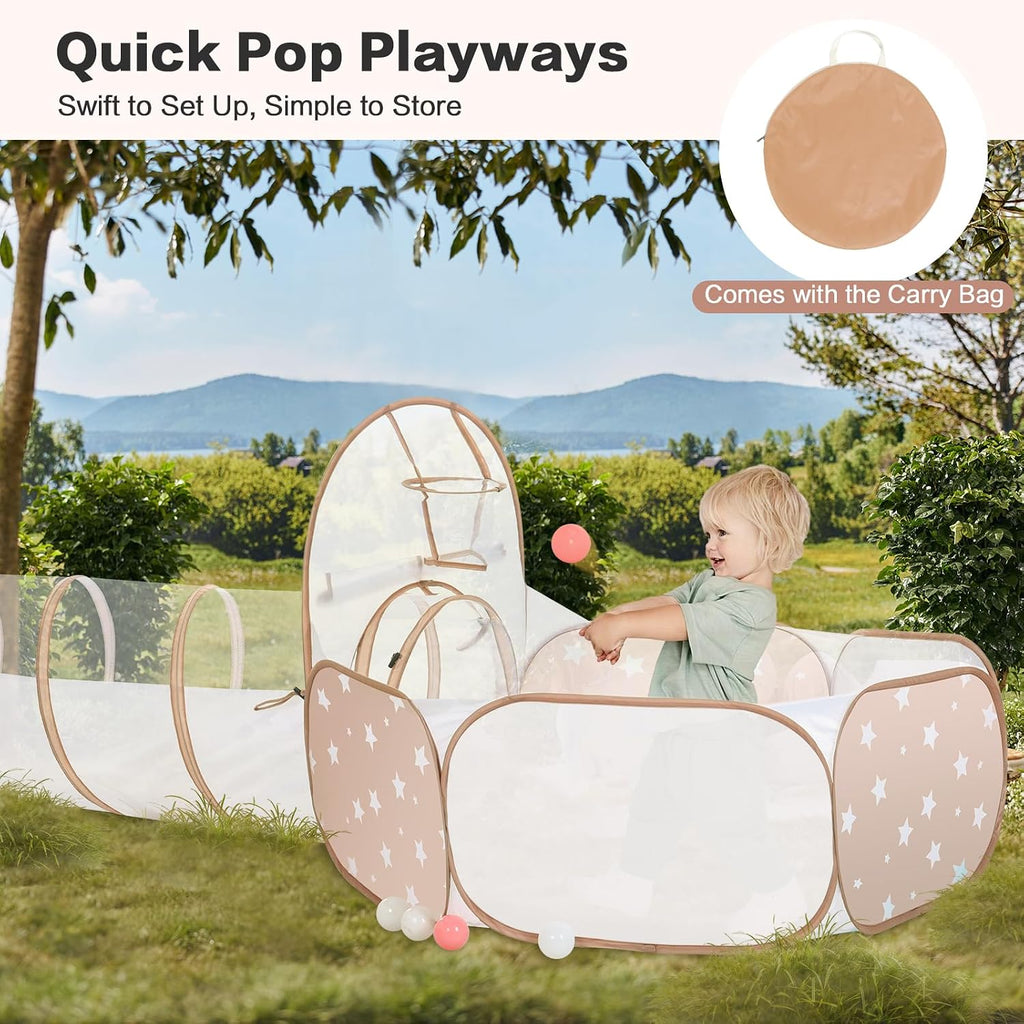 3 in 1 Kids Play Tent with Play Tunnel and Ball Pit, Toddler Clibing Toys for Boys & Girls, Pop Up Playhouse Toys for