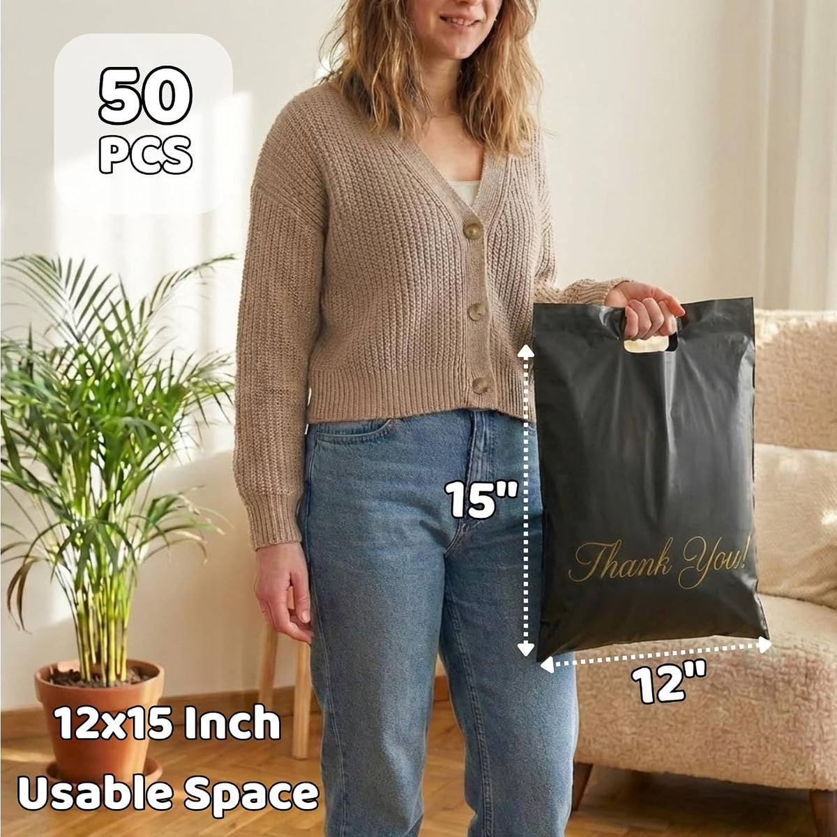 Black Poly Mailers with Handle, 12x15, 50 Pack, Shipping Bags