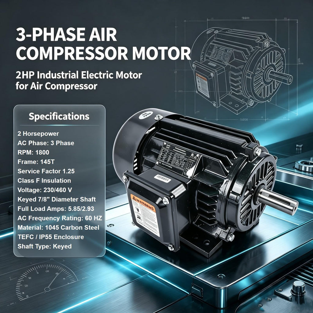 Electric Air Compressor Motor 2HP 3 Phase 1800RPM 230/460Volt 145T Frame