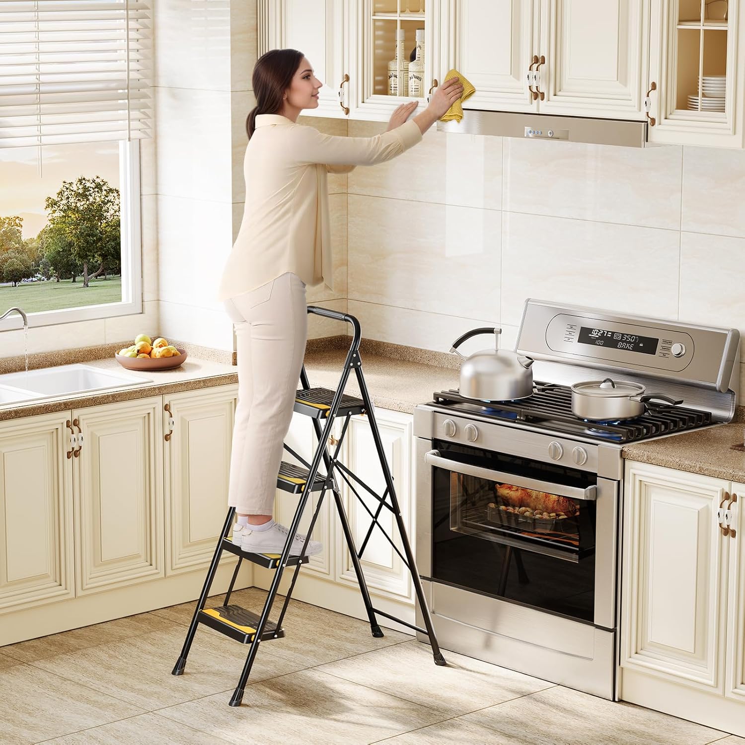 4 Step Ladder, Heavy-Duty Pass 800lb Capacity Test, Wide Anti-Slip Steps & Secure Handrail Compact, Folding Step