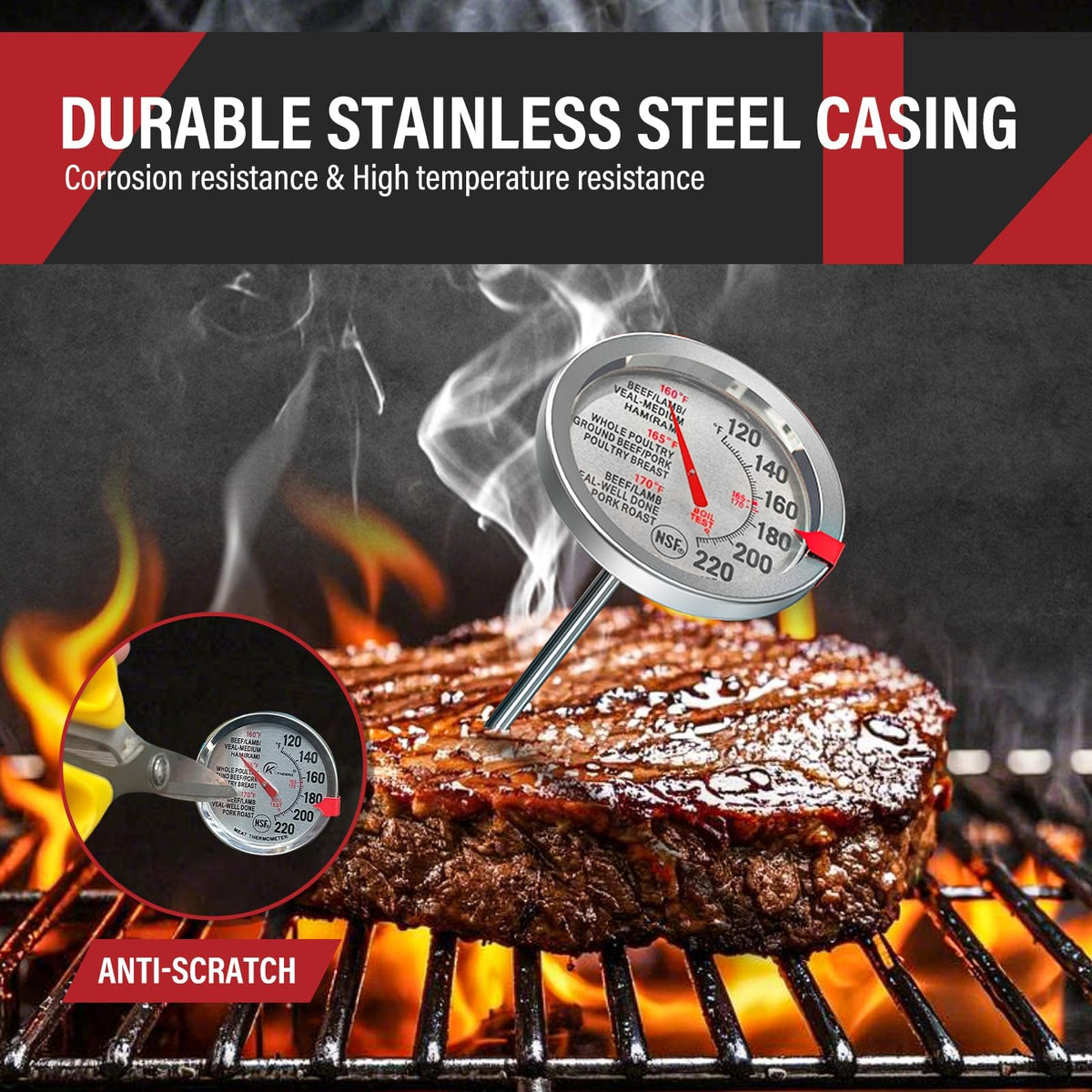 2 Pack Analog Meat Thermometer Oven Safe Dial No Battery