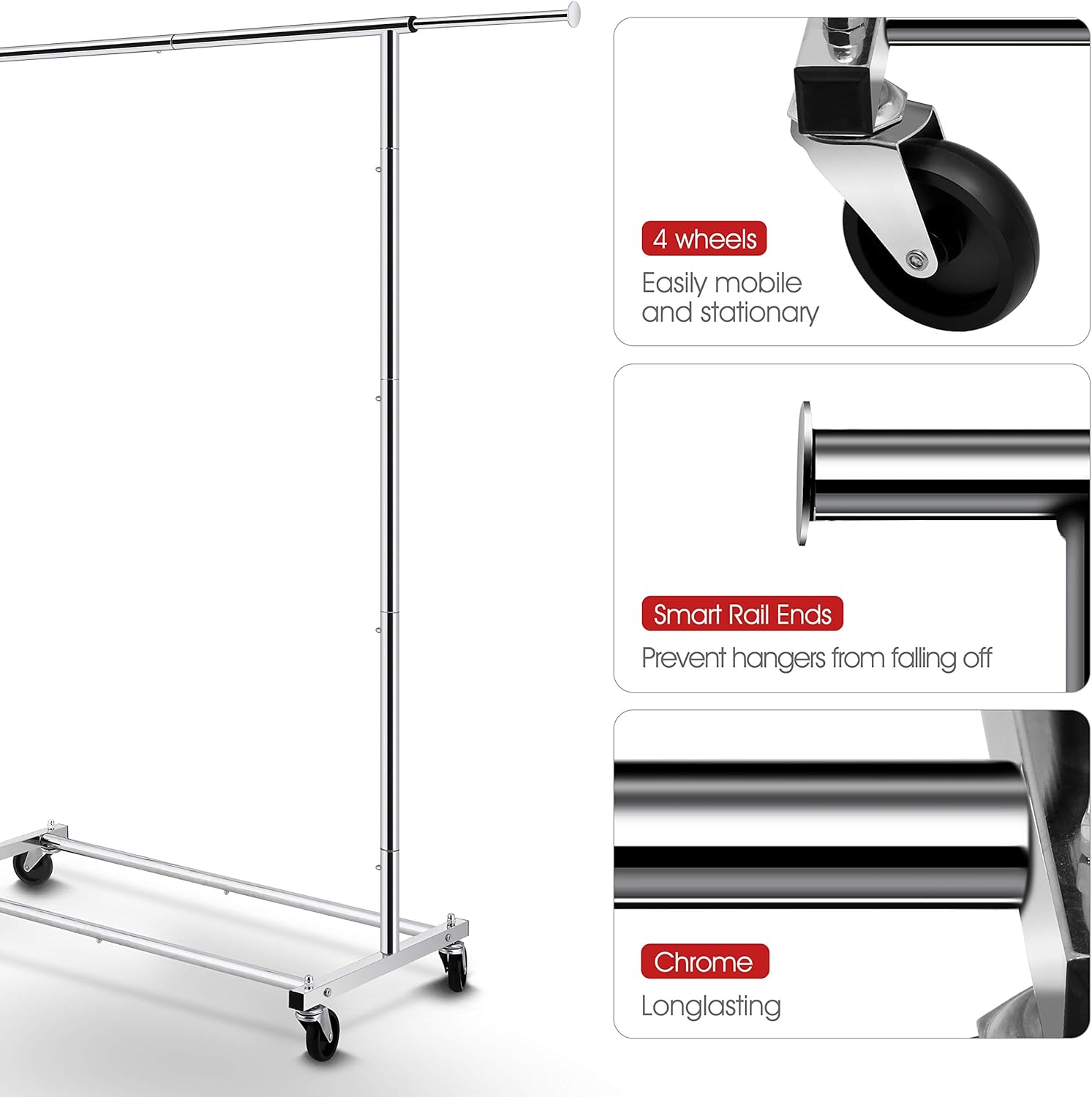 Clothing Garment Rack, Extendable Clothes Organizer, Chrome | Clothes Rack with Bottom Storage Shelf, 360° Wheels