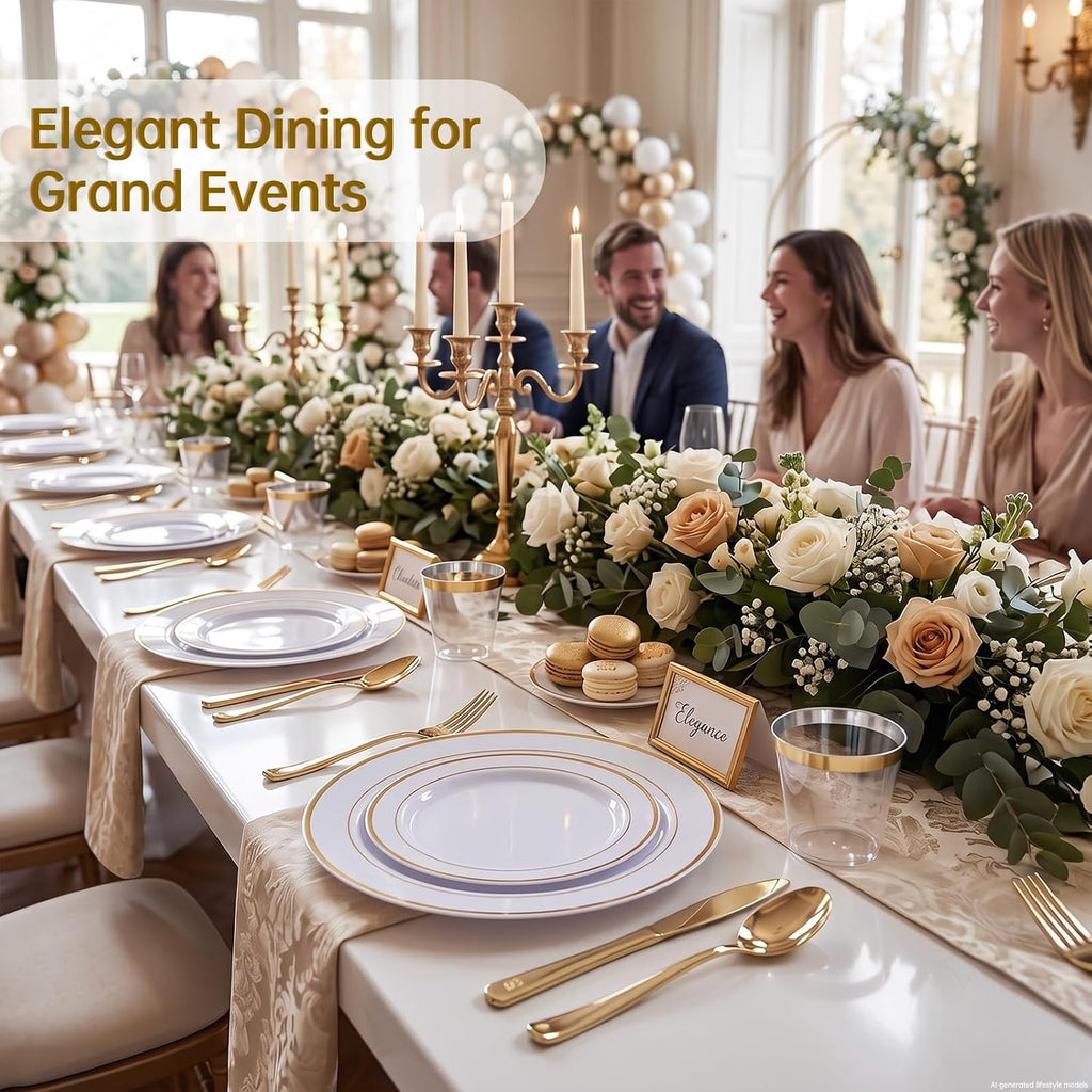 350PCS Gold Plastic Dinnerware Set for 50 Guests