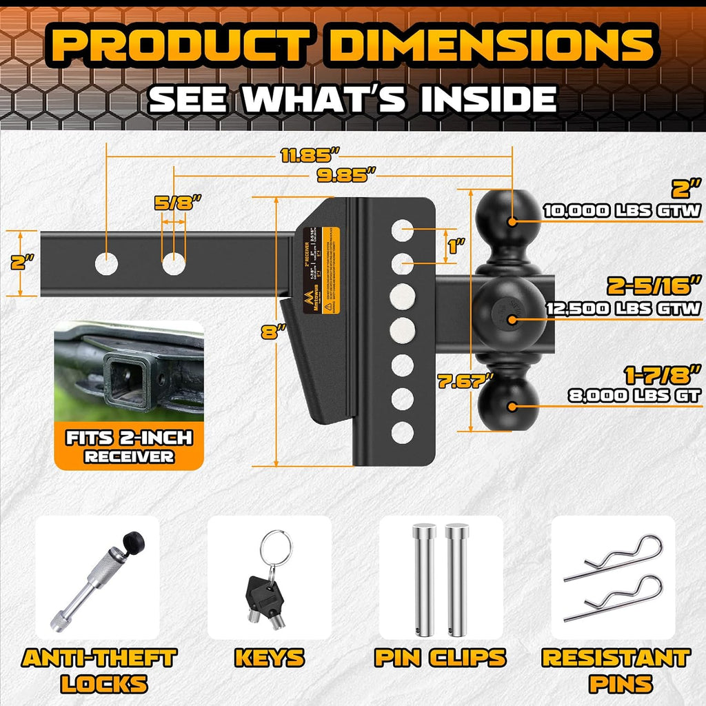 Adjustable Trailer Hitch - Drop Hitch Fit 2" Receiver -6" Drop/Rise