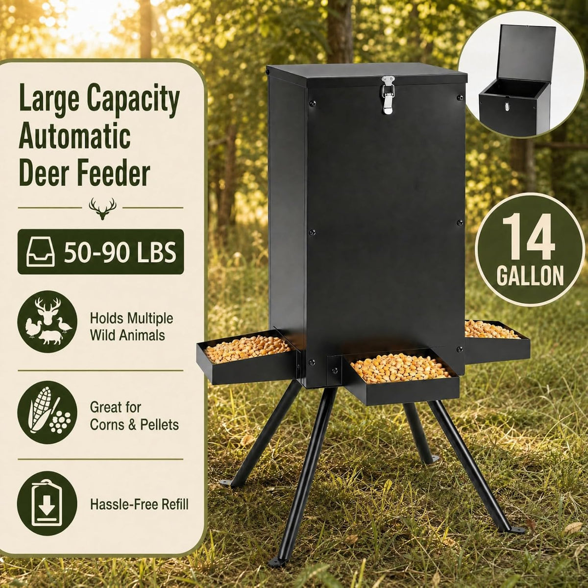 90LBS Deer Feeder, Gravity Deer Feeders with 4 Trays, Heavy Duty