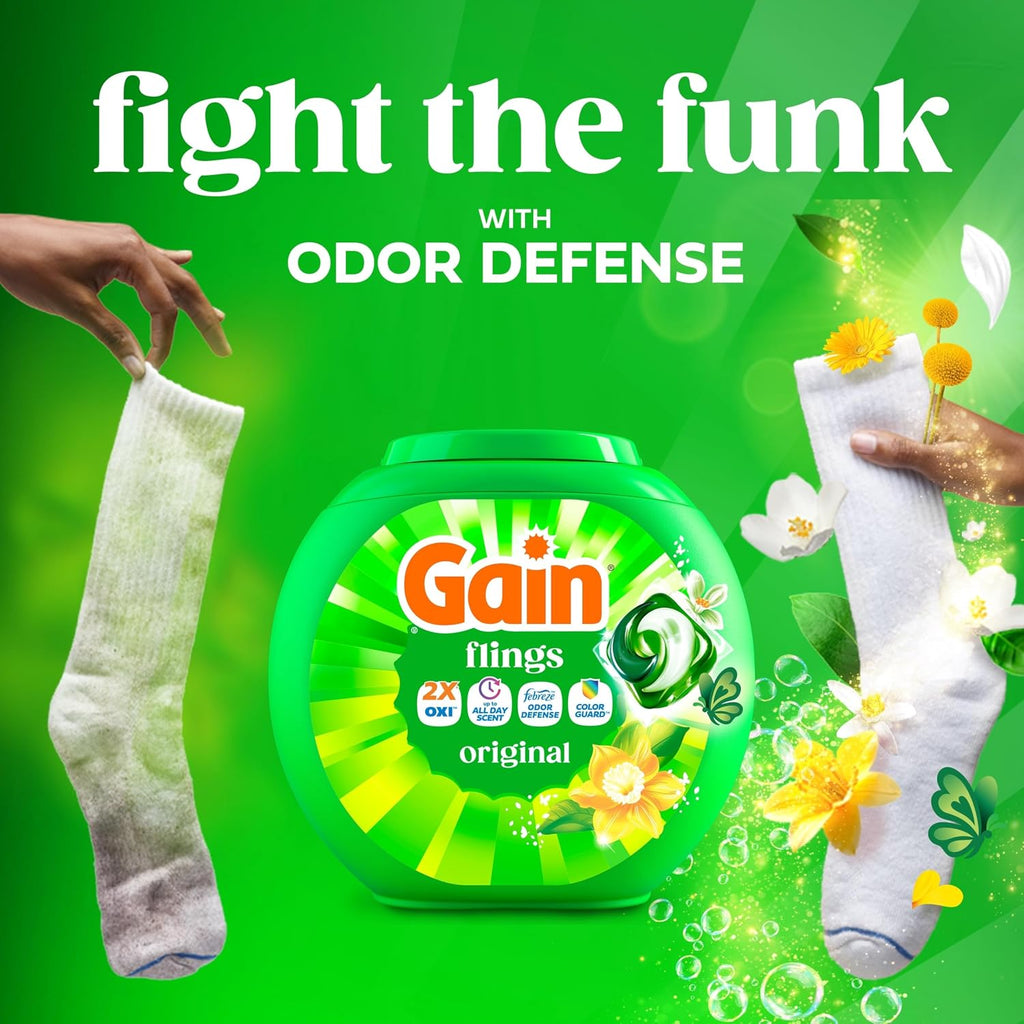 Flings Liquid Washing Detergent Pacs, Now with Odor Defense + Color Guard, Original Scent, 4-In-1 Liquid Laundry