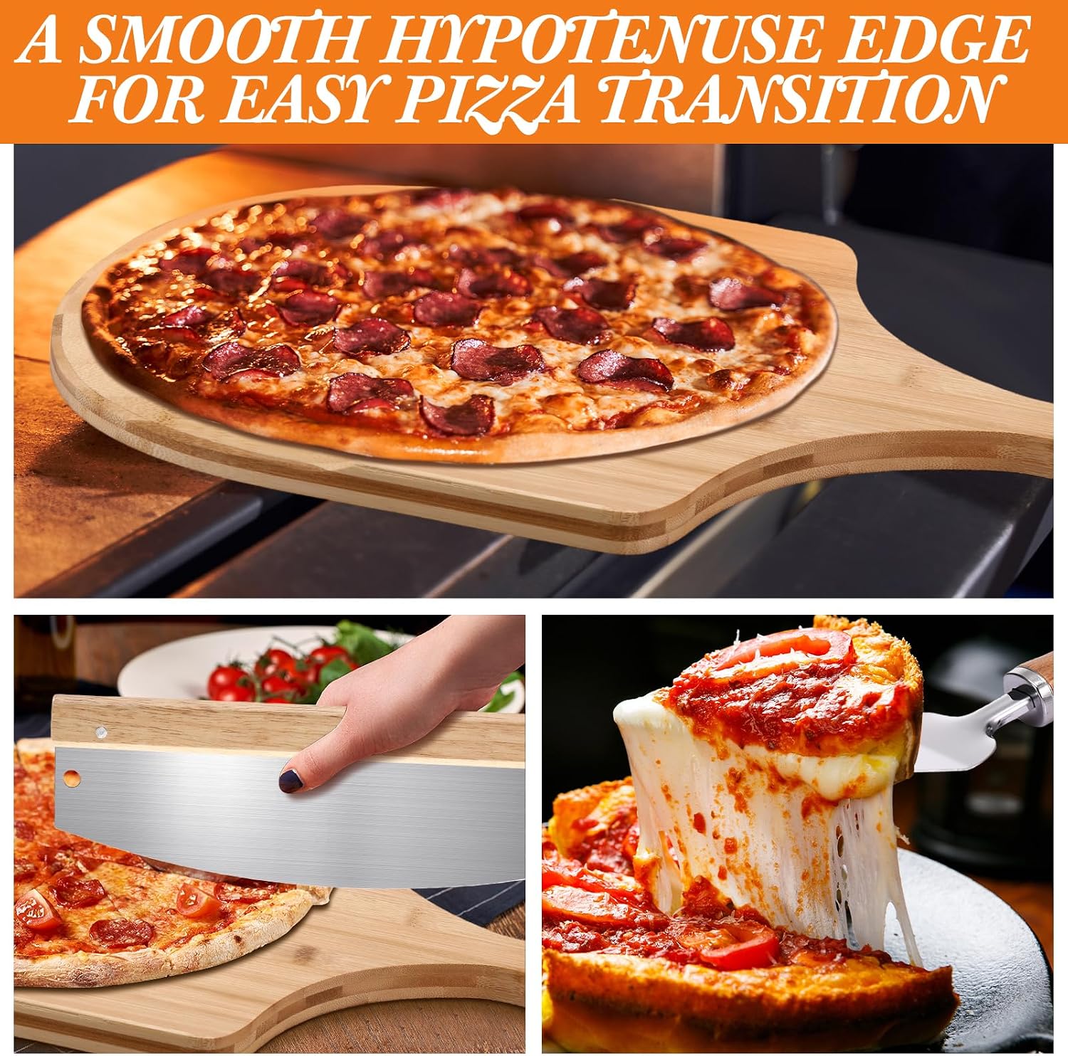 3 Pcs Round Pizza Stone Set, 12" x 17" Bamboo Pizza Peel with Foldable Wooden Handle & Rocker Cutter Addle Cutting