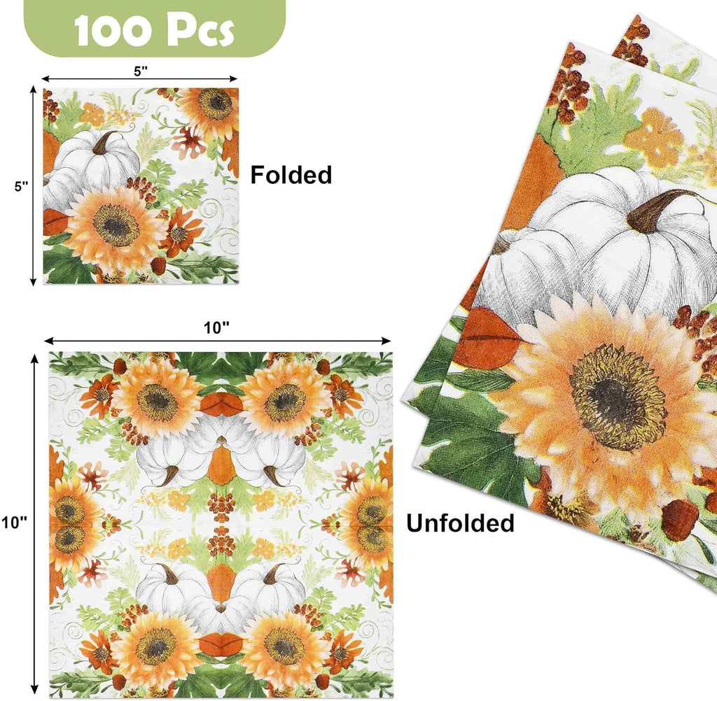 100 Fall Pumpkin Sunflower Cocktail Napkins, Thanksgiving Disposable