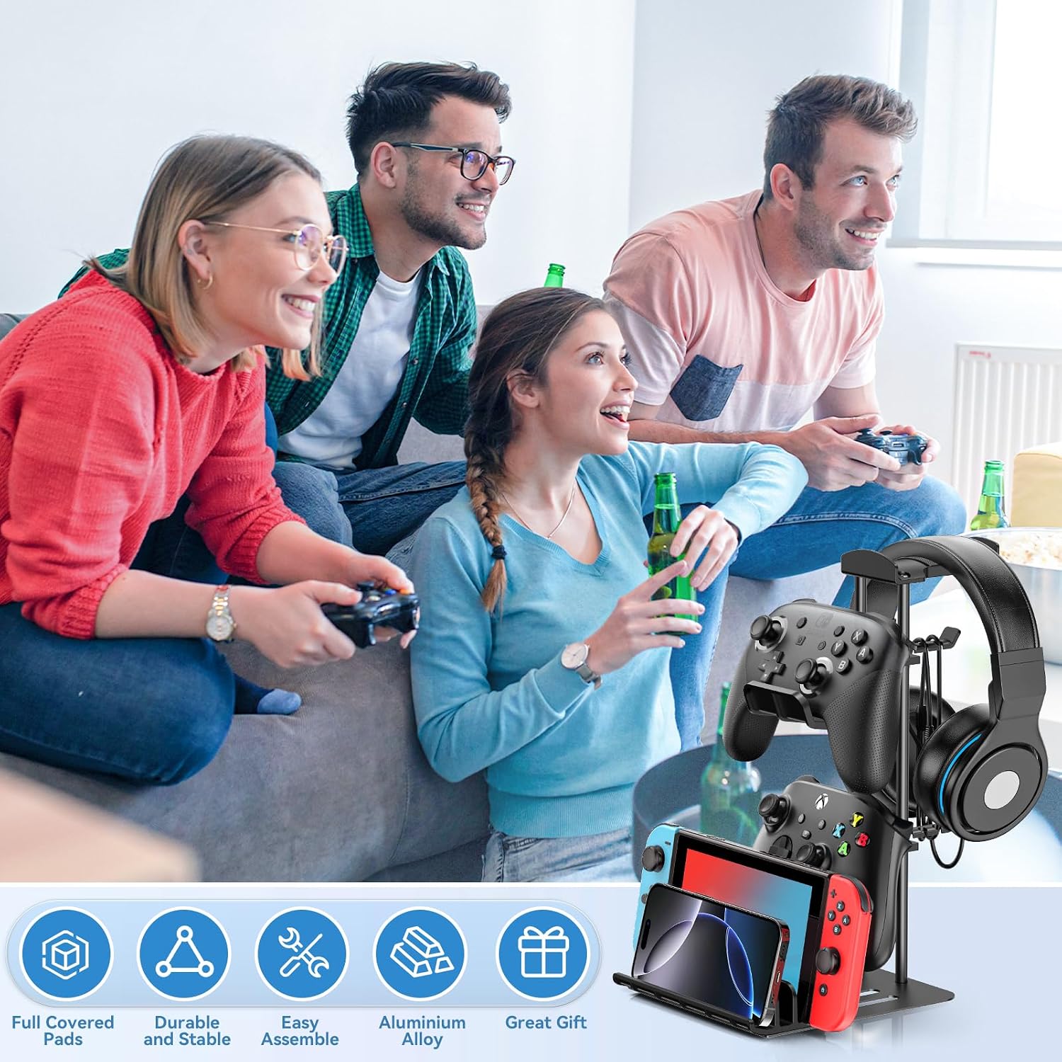 Headphone Stand, Controller Holder & Headset Holder for Desk, Earphone Stand with Aluminum Supporting Bar, Universal