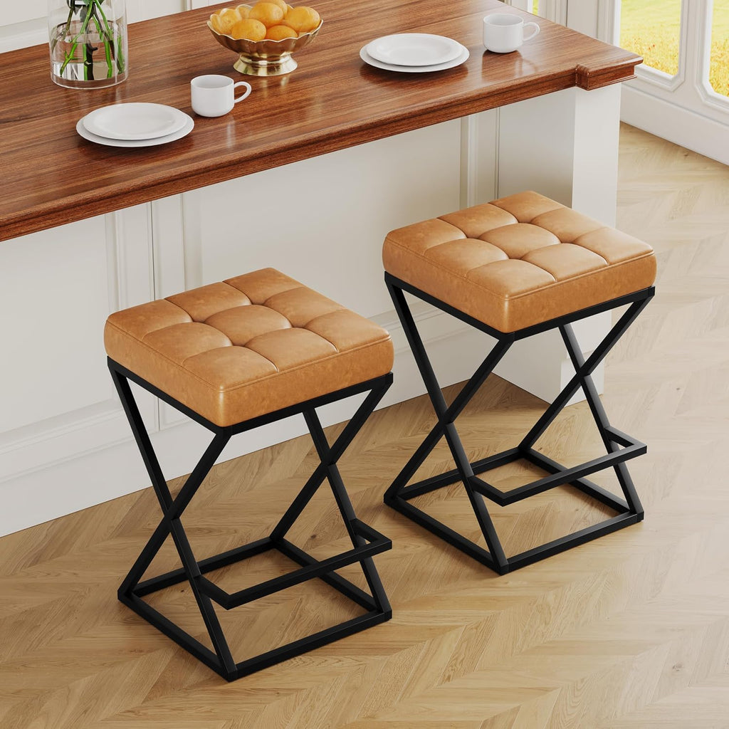 Backless Bar Stools Set of 2, 26 Inch Counter Barstools, PU Brown