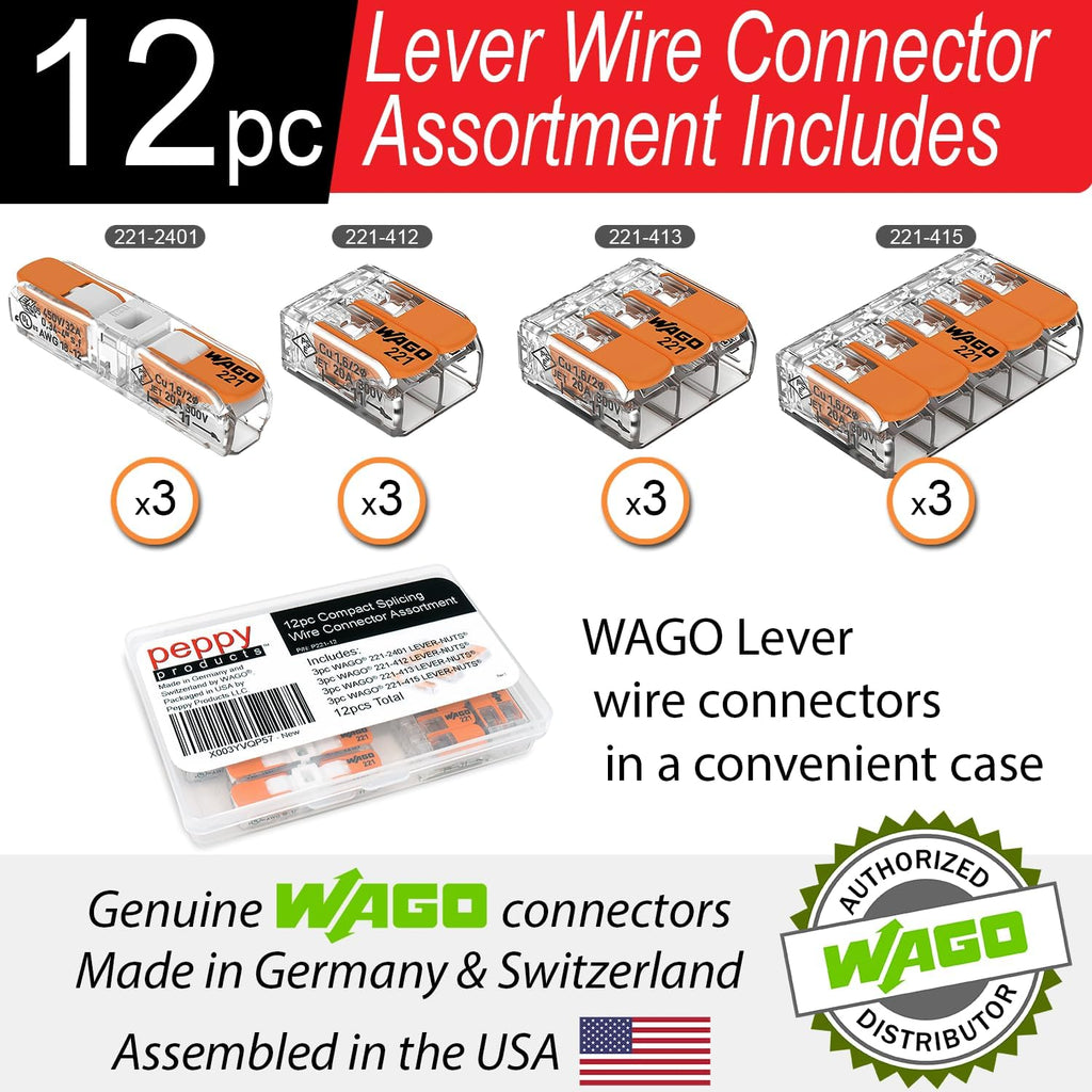WAGO 221 Lever Nuts 12pc Compact Splicing Wire Connector Assortment with Case | Includes 221-2401, 221-412, 221-413