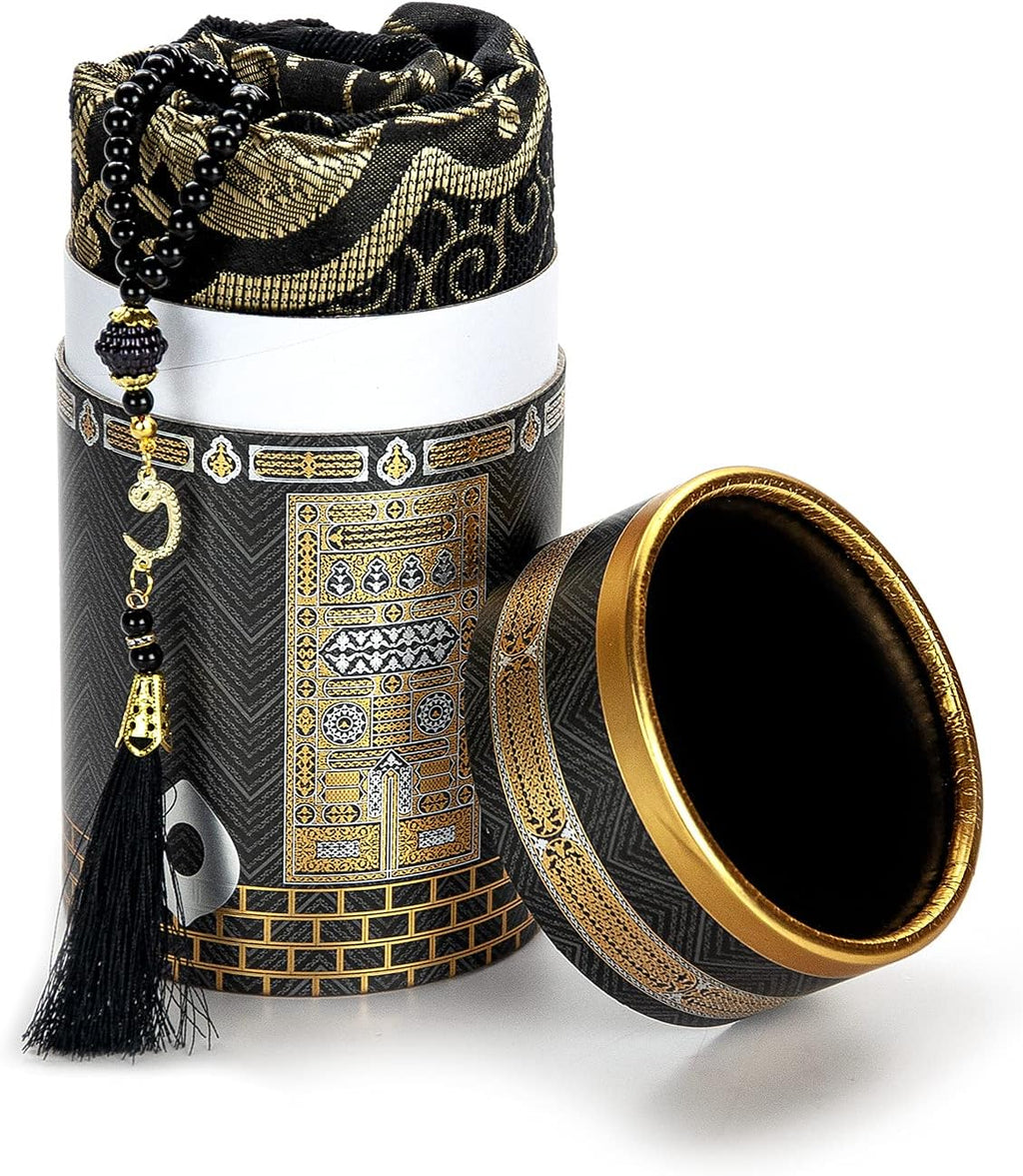 Muslim Prayer Rug and Prayer Beads with Elegant Design Cylinder Gift Box, Janamaz, Soft Sajadah, Islamic Gifts Set