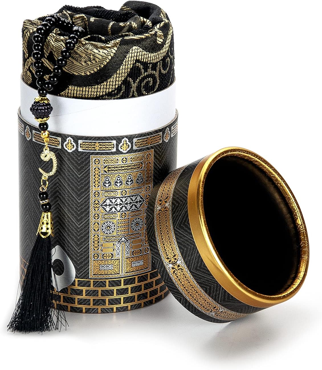Muslim Prayer Rug and Prayer Beads with Elegant Design Cylinder Gift Box, Janamaz, Soft Sajadah, Islamic Gifts Set