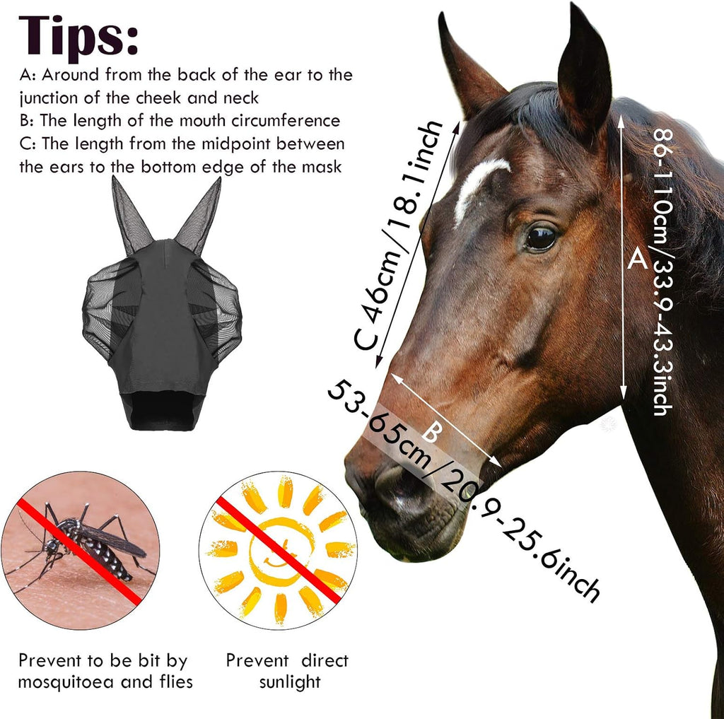 2 Pcs Horse Fly Mask with Ears, Soft Stretchy Horses Face Masks for Flies, Breathable Mesh Eye Cover, UV Protection