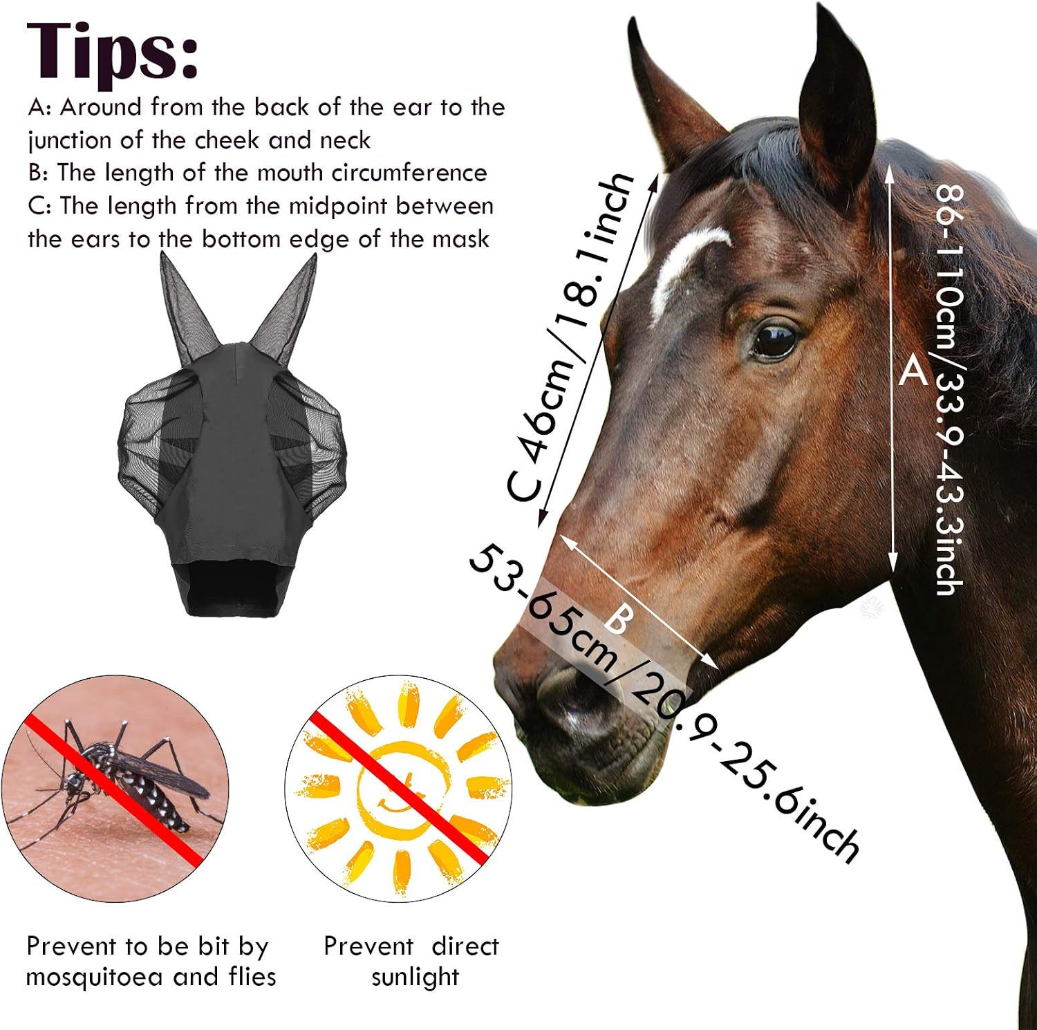 2 Pcs Horse Fly Mask with Ears, Soft Stretchy Horses Face Masks for Flies, Breathable Mesh Eye Cover, UV Protection
