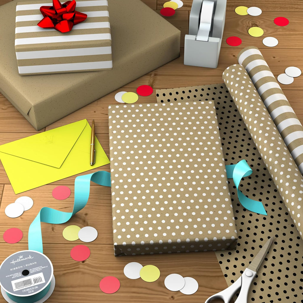 Reversible Wrapping Paper Rolls, 2 Rolls (Kraft, Striped, Dots)