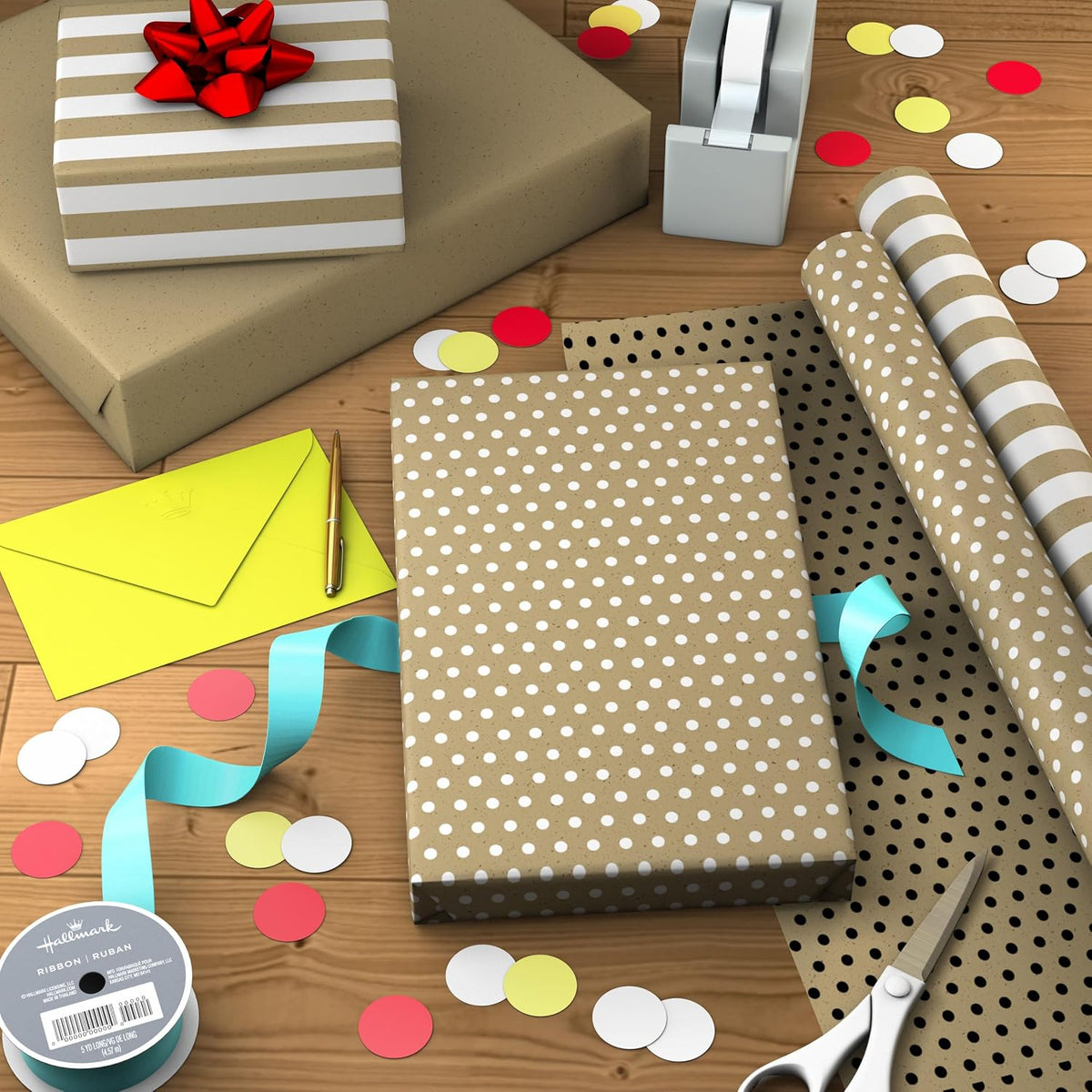 Reversible Wrapping Paper Rolls, 2 Rolls (Kraft, Striped, Dots)