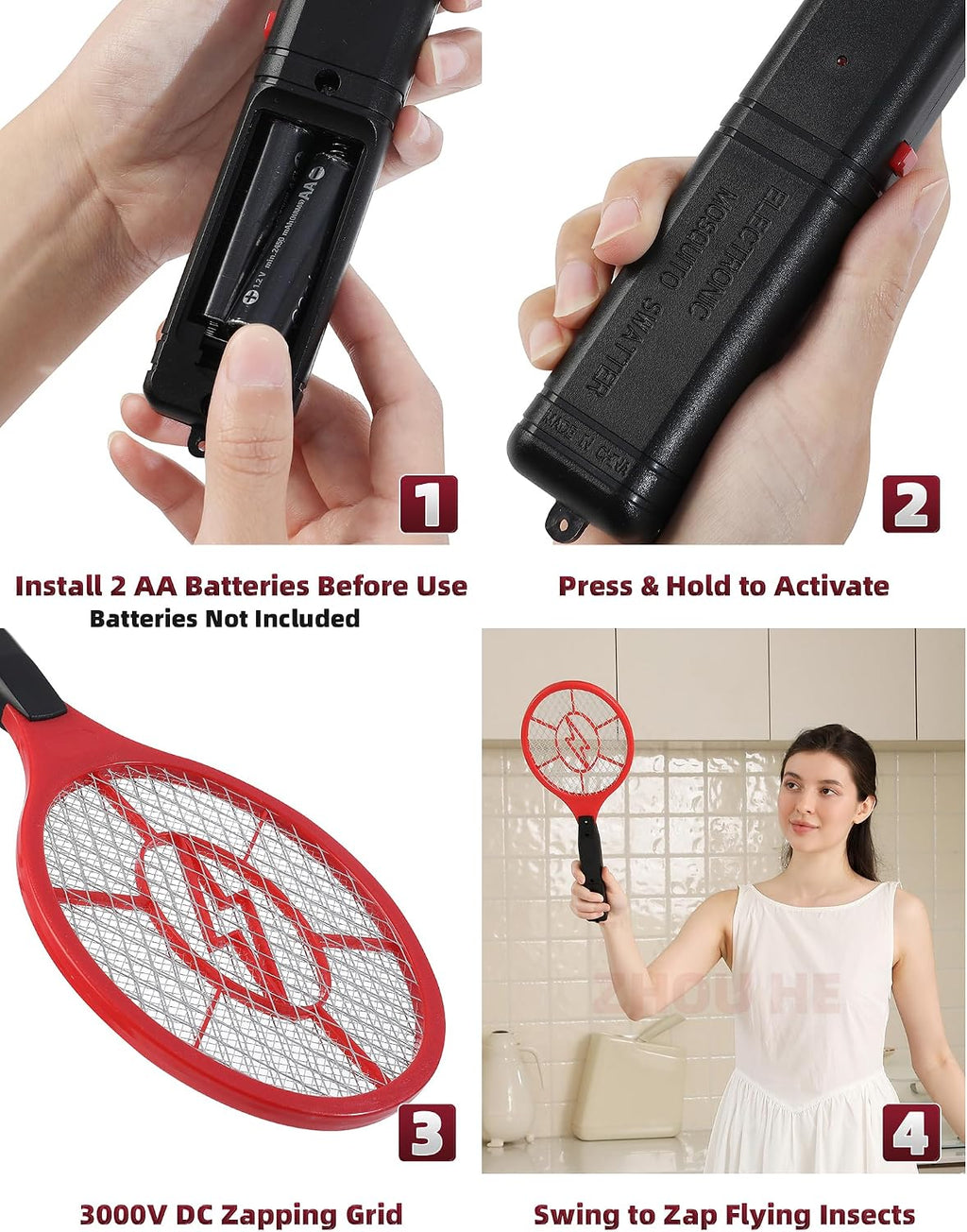 Electric Fly Swatter 2 Pack (Red & Blue), Battery Powered Bug Zapper Racket for Mosquitoes & Flies, Safe Protective
