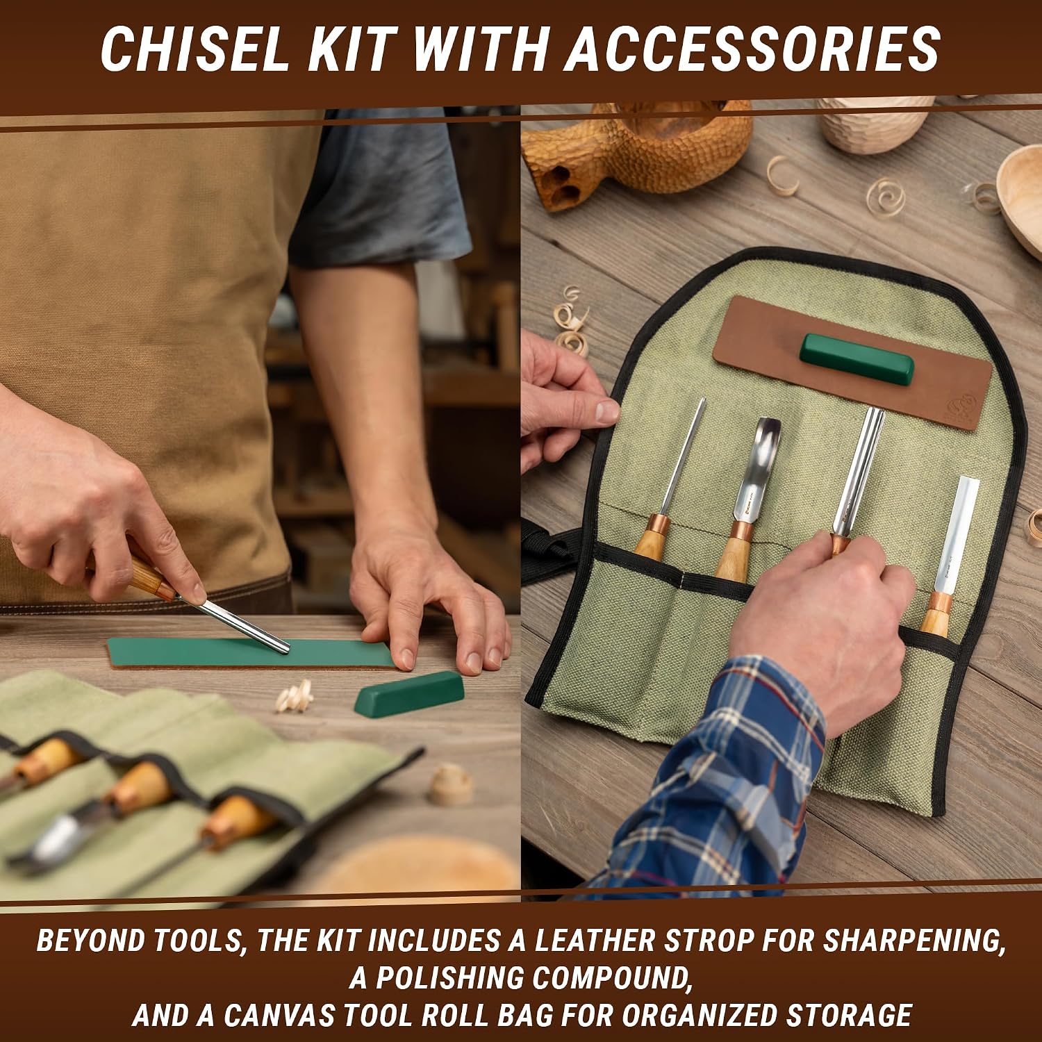 Wood Carving Gouges Chisels Kit SC01 - Wood Spoon Carving Chisel Set - Whittling Tools Includes Radial Gouges, Flat