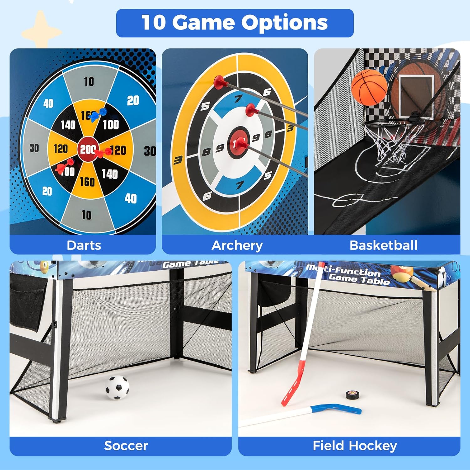 Multi Game Table, 10 in 1 Combo Game Table Includes Table Tennis, Basketball, Soccer, Hockey, Archery, Shooting