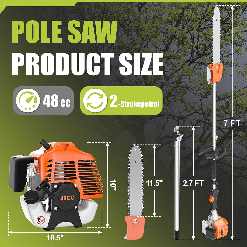 Gas Powered Pole Saw, 48cc 2-Cycle Gas Pole Saws for Tree Trimming with 11.5in Cutting Bar,16-FT Height Reachable