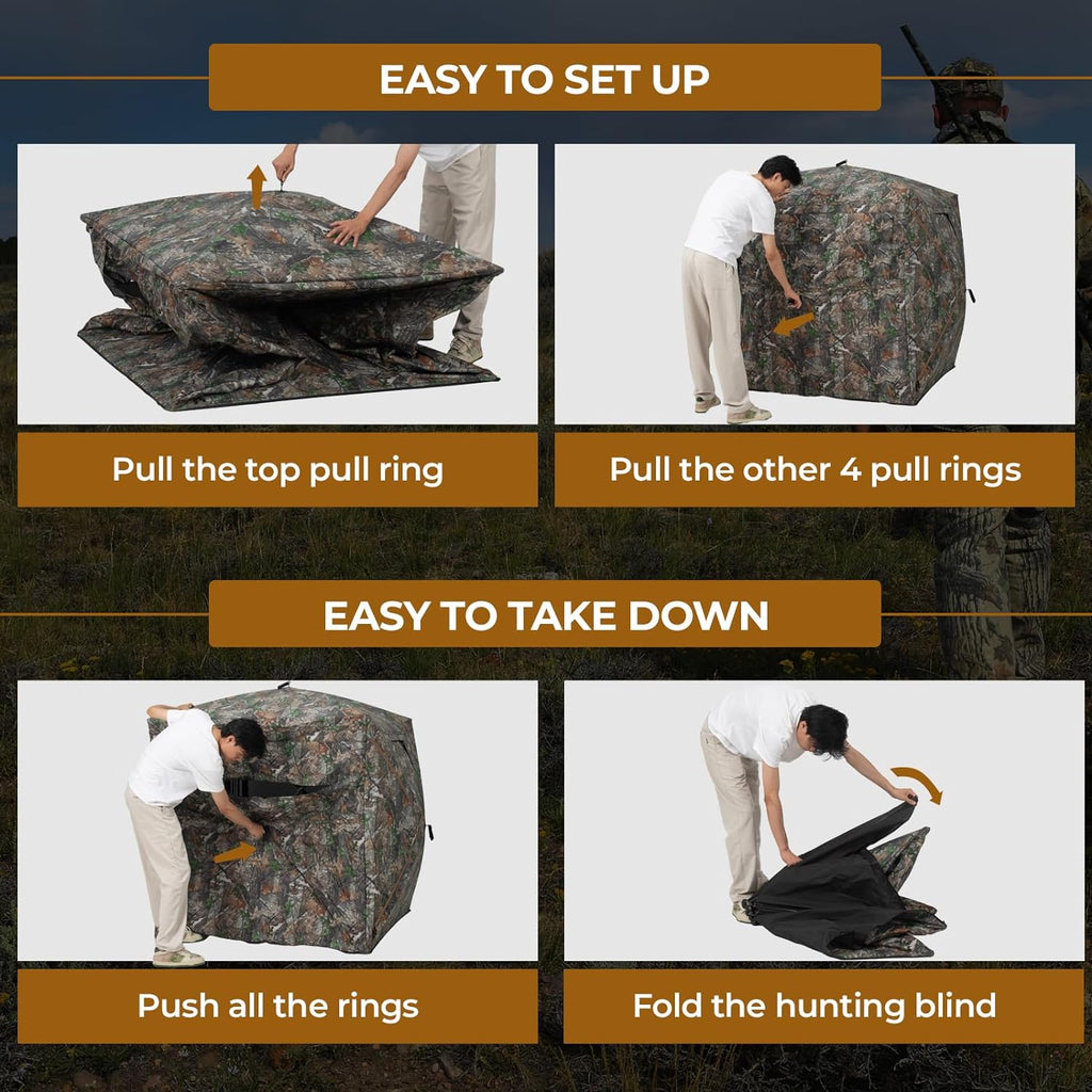 Portable Hunting Blind - 270°/360°See Through with Waterproof Floor Mat | Detachable Ground Mat, Silent Adjustable