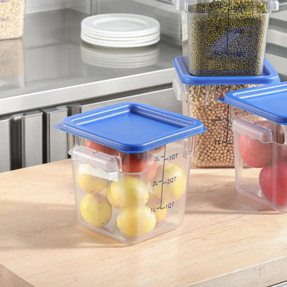 4 Pack 4 QT Food Storage Containers with Blue Lids Hot Cold Resistant Stackable Square Commercial Container Set with