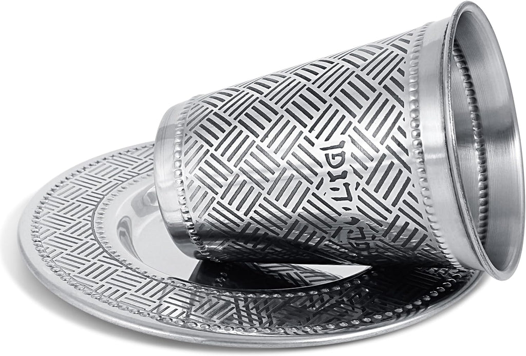 Passover Seder Stainless Steel Kiddush Cup Set 7.5 oz Shabbat Wine Cup & Saucer For Pesach, Rosh Hashanah and