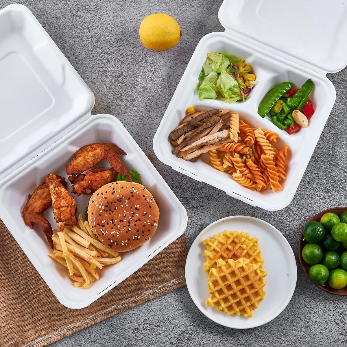 50 Pack Compostable Clamshell Take Out Food Containers, 8 inch
