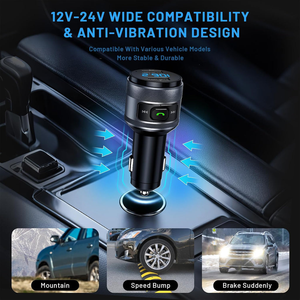 Bluetooth 6.0 FM Transmitter for Car Adapter with MP3 Player | Hands-Free Calls, CVC Noise Reduction, QC 3.0 Charger